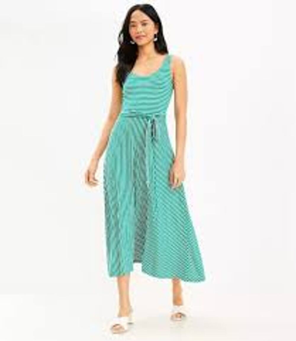 Loft Maxi Dress Green White Stripe Tank Top Tie Belt Sexy Vacation Sz S Petite